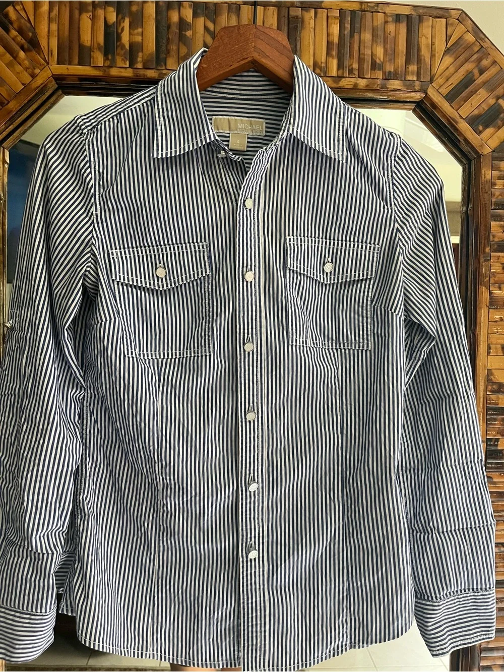 Women’s Navy and White Striped Button-Up Shirt - Classic Casual